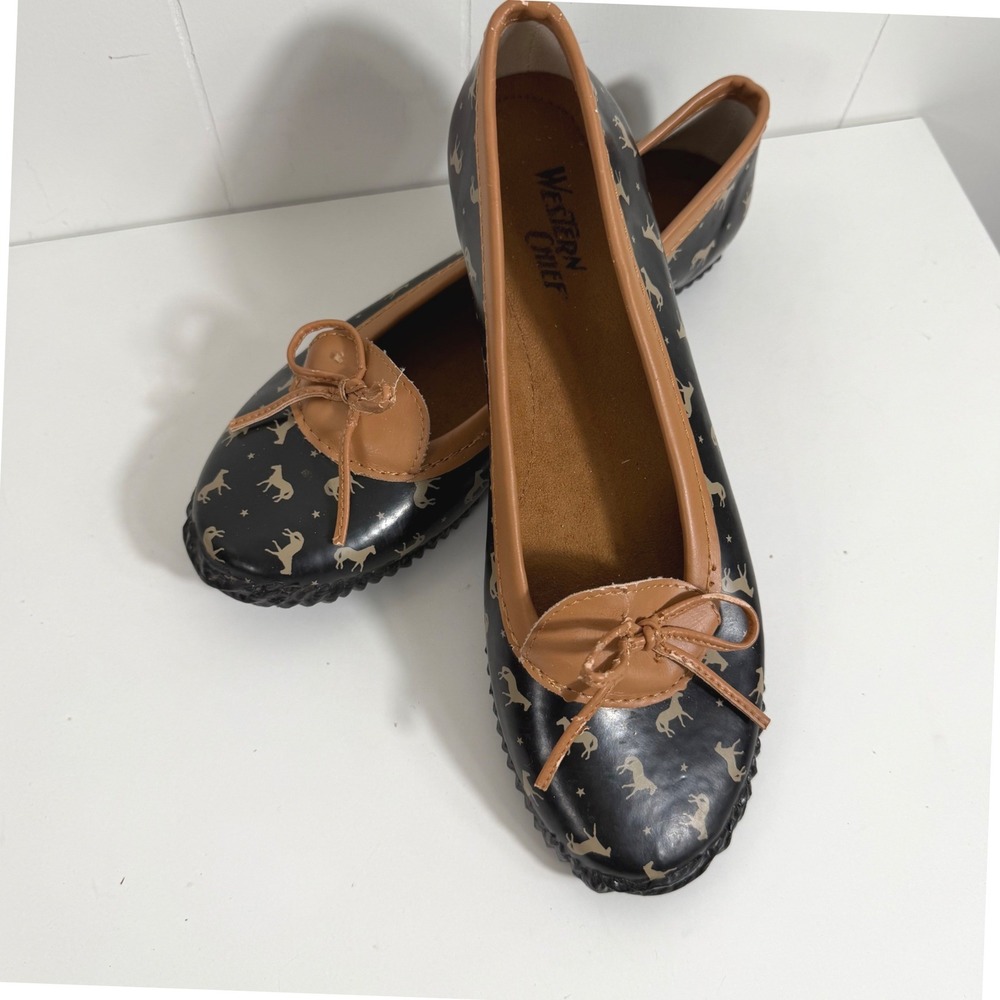 Western Chief Horse Star Toss Skimmer Black Rubber Rain Ballet Flats Womens 9